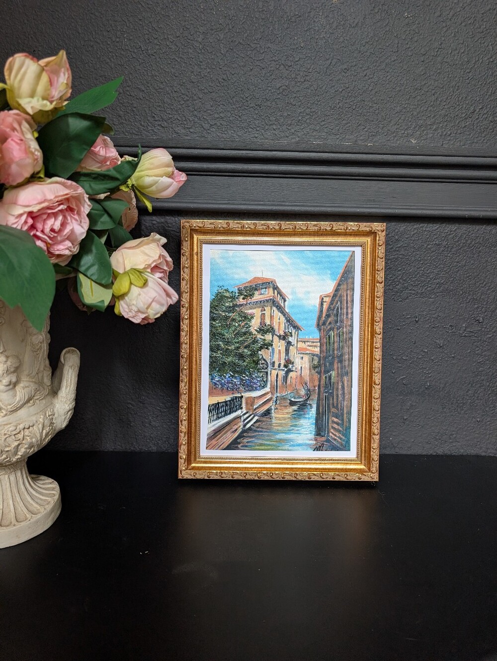 Vintage mixed media art on canvas signed in Gold ornate wood frame 14" x 11"